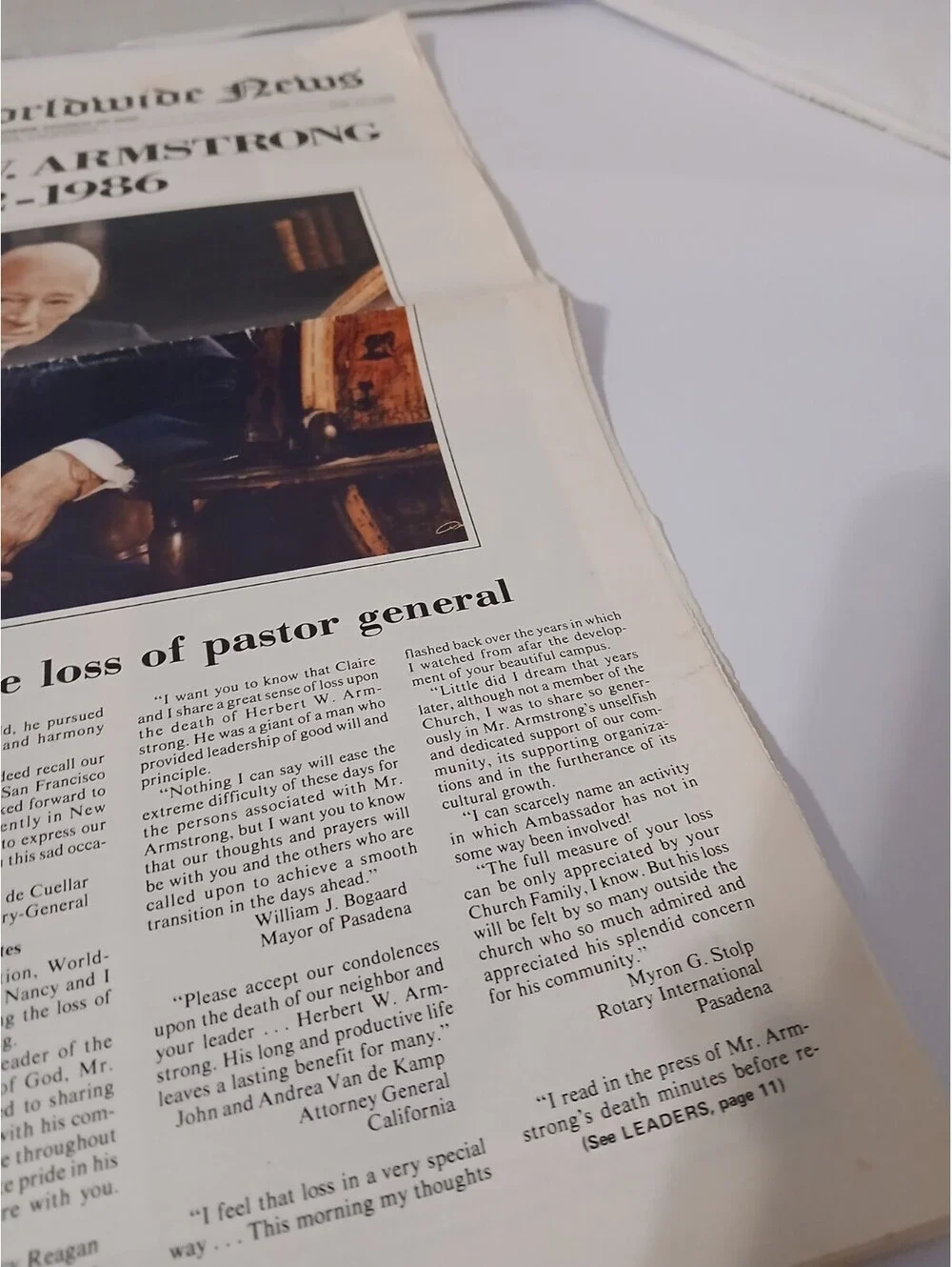 Herbert W. Armstrong Tribute The Worldwide News newspaper 1986